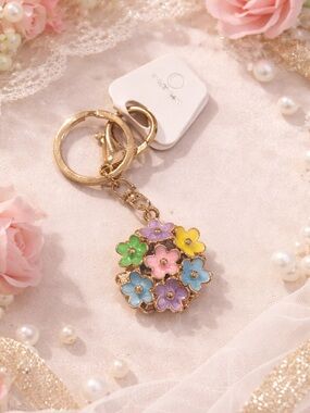 Gold Floral Enamel Keychain - Pastel Multicolor Flowers NEW